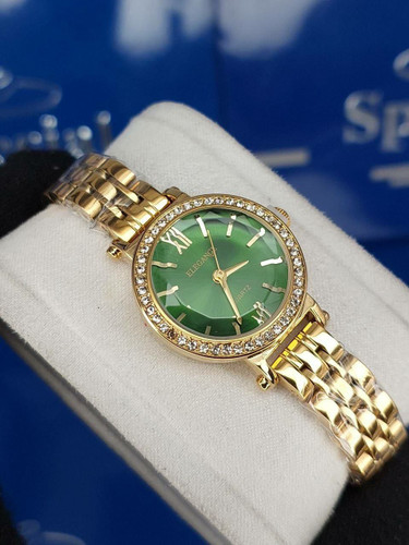 ساعت زنانه Elgeance مدل قاب دور نگین بند استیل _طلایی صفحه سبز